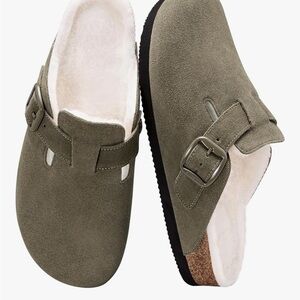 Olive Suede Buckle Clogs